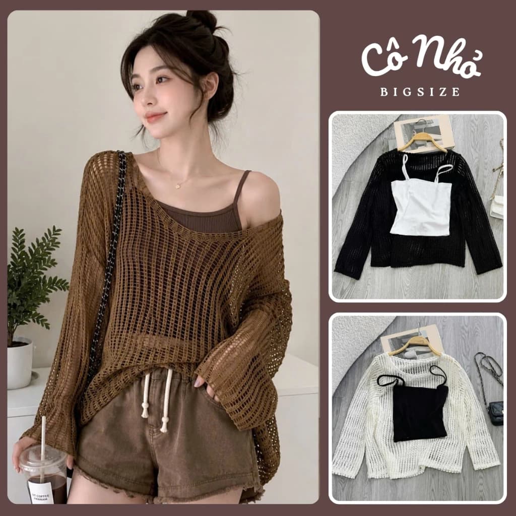 Áo Thun Lưới Bigsize Nữ Tay Dài Phối Áo Hai Dây Cá Tính Mặc Mát Đi Biển Cafe A317+G118