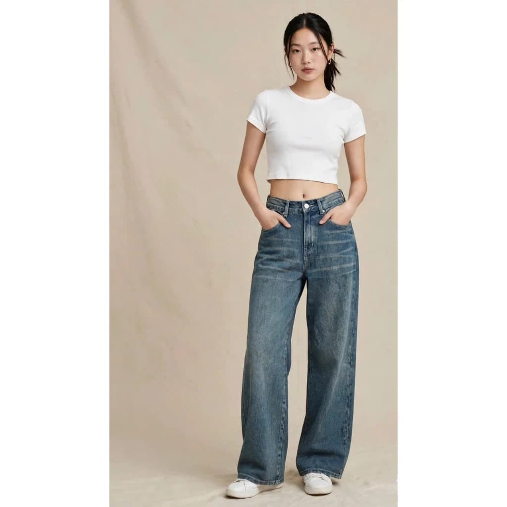 Quần jeans bò suông ống rộng cạp cao dáng dài mẫu trơn basic