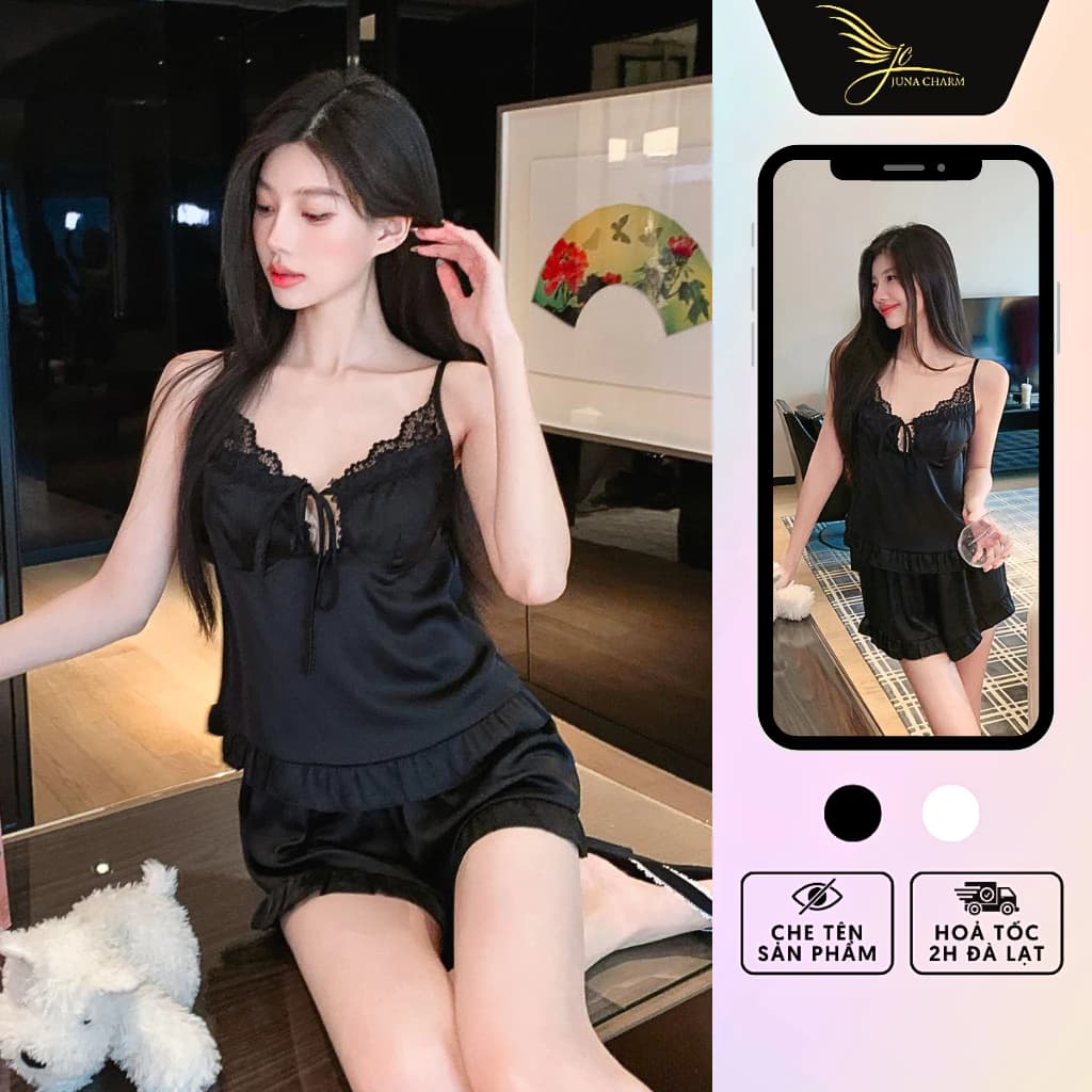 Bộ Ngủ 2 Dây Quần Đùi, Đồ Mặc Nhà Xinh Xắn JUNA Freesize Thời Trang Đồ Ngủ Dành Cho Nữ, Chất Lụa Phối Ren, Màu Đen/SP309