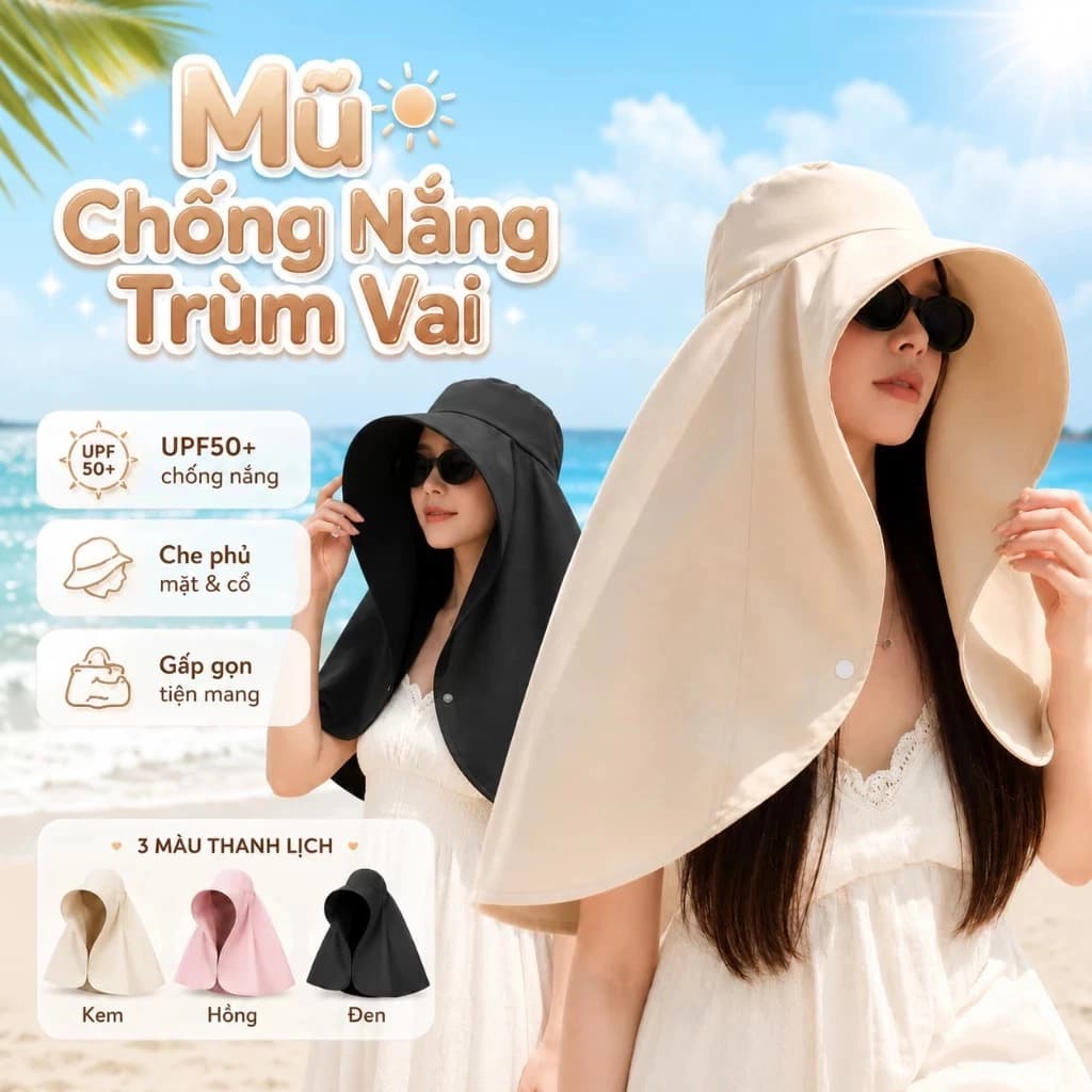 Mũ chống nắng nữ mùa hè – Vành lớn, kèm khăn choàng chống nắng, bảo vệ tia UV, lý tưởng cho chuyến đi biển và du lịch.
