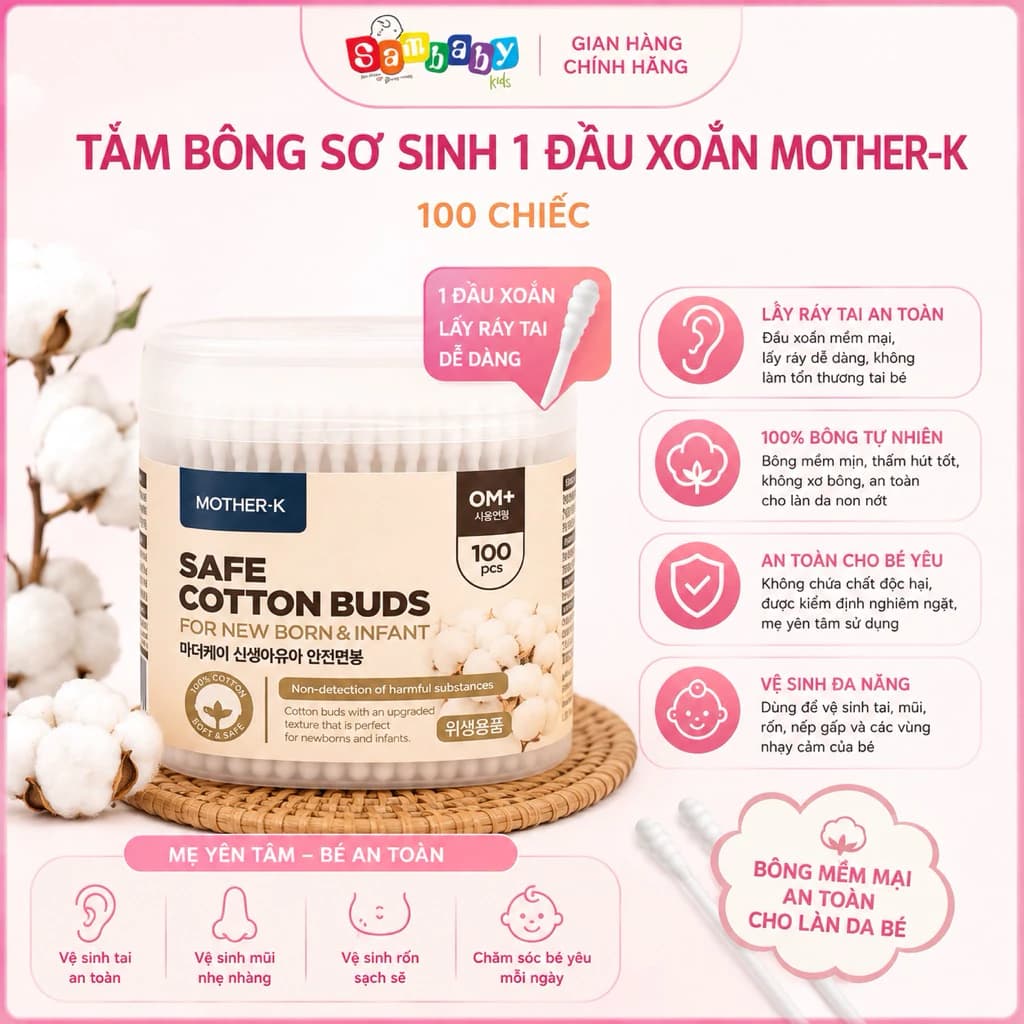 TĂM BÔNG SƠ SINH 1 ĐẦU XOẮN MOTHER-K HÀN QUỐC (100C)