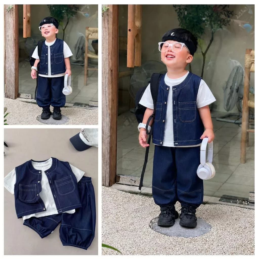 Đồ bộ đi học bé trai, Set áo gile denim phối áo thun quần jogger chất liệu jean giấy cho bé 9-24kg