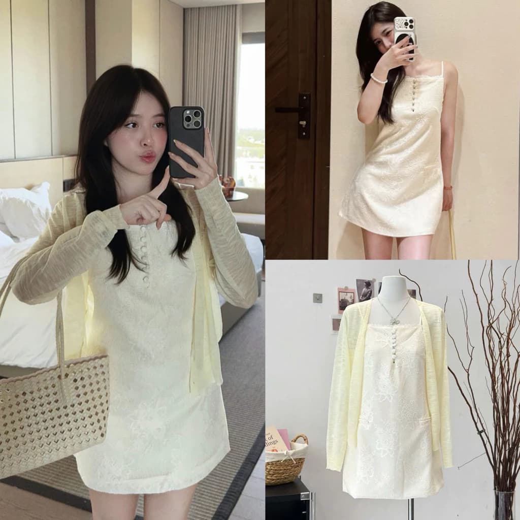 [Hàng Chuẩn QC] Set váy 2 dây ren hoa nổi khuy bọc viền ren kèm áo cardigan vàng nhạt - S3842