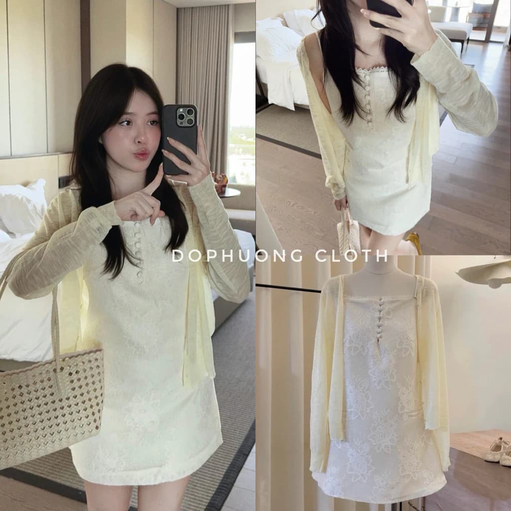 (Hàng chuẩn sẵn SM - video chính chủ) VÁY REN 2 Dây Cúc Bọc EMPINKStudio phù hợp cho mùa hè thu đi dạo, đi cafe sống ảo