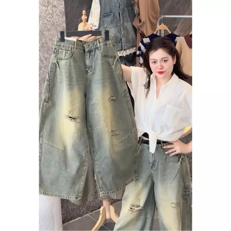 168 BIGGSIZE Quần baggy jeans nữ cạp cao không dãn, quần baggy thụng màu mài tạo kiểu hai bên túi sau thêu