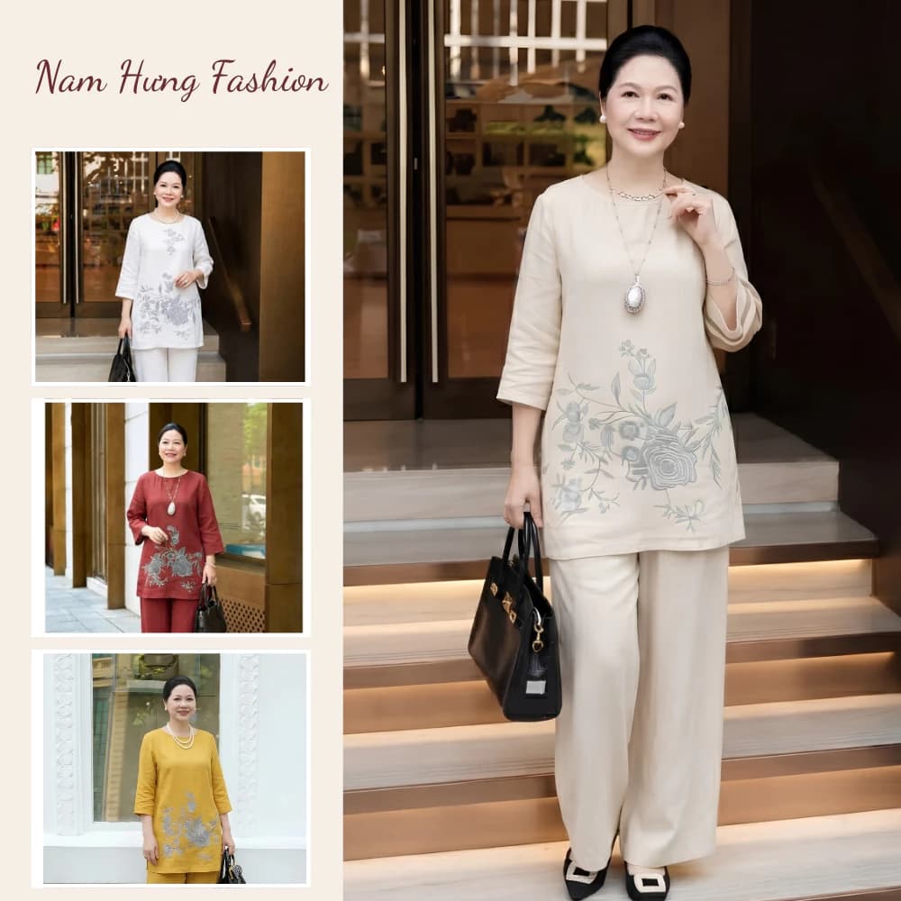Bộ linen họa tiết hoa cao cấp thanh lịch sang trọng dáng suông thoáng mát - Nam Hưng fashion