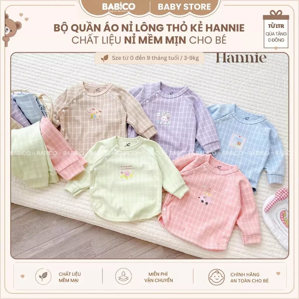 Bộ Quần Áo Nỉ Sơ Sinh Dài Tay Thu Đông Hannie Caro Vải Nỉ Lông Thỏ Mềm Mại, Dày Ấm Cho Bé 3-8kg BN1