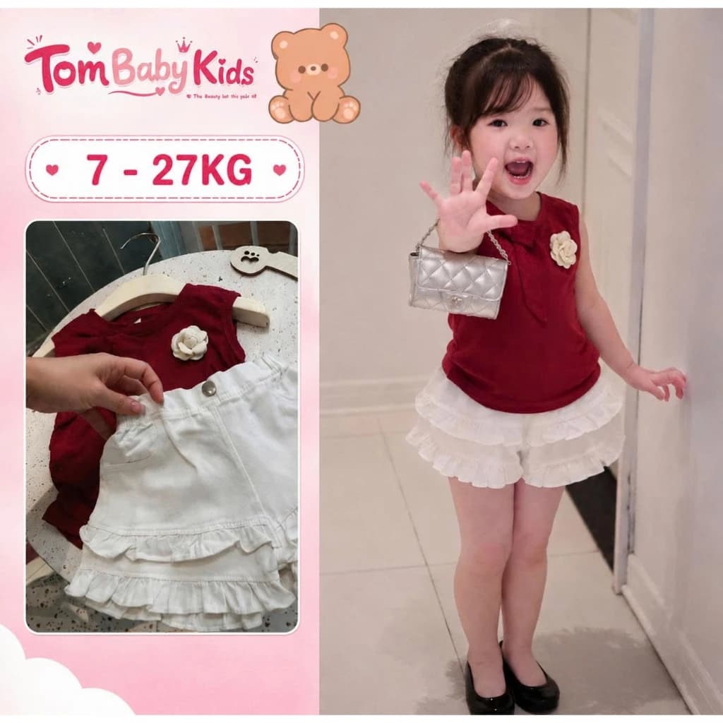 Đồ bộ bé gái, set đồ bé gái áo sát nách đính nơ hoa phối quần short viền bèo cho bé 7-27kg Tom Baby Kids