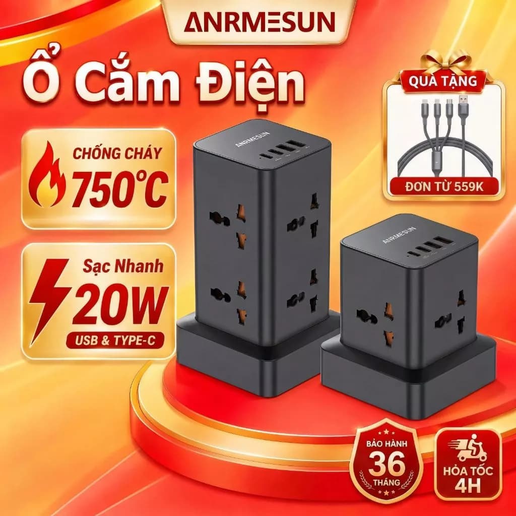 Ổ Cắm Điện Dáng Trụ ANRMESUN 2400W Tích Hợp Cổng USB Type C Sạc Nhanh PD20W Chống Cháy An Toàn Có Cầu Chì