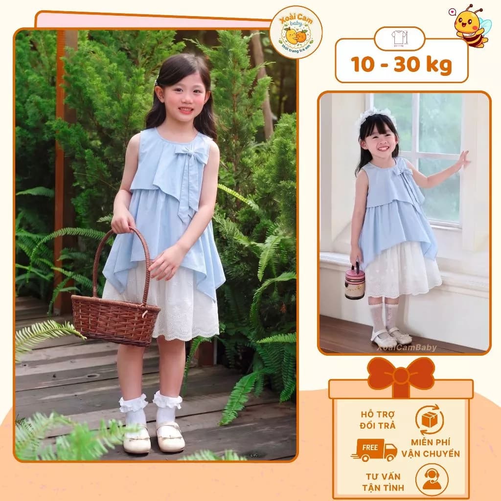 Váy bé gái sát nách dáng suông phối tầng ren trắng, Set Đồ Bé Gái Váy 2 Lớp Áo Xanh Nơ Xinh Cho Bé Gái - S1