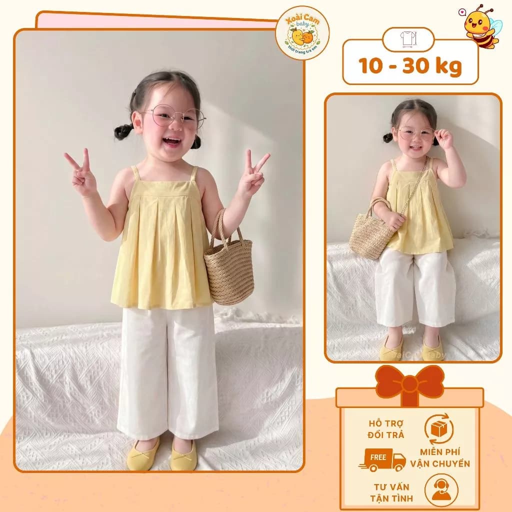 Set Bé Gái Áo Hai Dây Vàng Pastel Phối Quần Ống Rộng Trắng, Bộ Đồ Bé Gái Hàn Quốc Dễ Thương Cho Bé Đi Học -M61