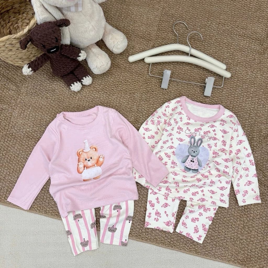 Bộ dài tay bé gái hình gấu thỏ, vải cotton 2 màu, sz 8-19 kg đồ thu đông cho bé