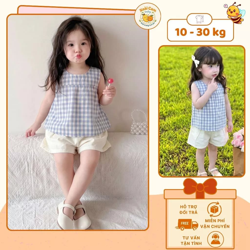 Set Áo Sát Nách Bé Gái Caro Xanh Trắng Phối Quần Short Dễ Thương, Set Đồ Bộ Bé Gái Mặc Nhà, Đi Chơi, Đi Học - M60