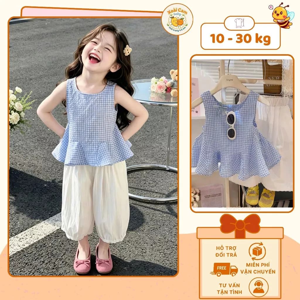 Set Đồ Bé Gái Áo Sát Nách Caro Xanh Trắng Phối Quần Dài Ống Rộng Bo Ren, Bộ Quần Áo Bé Gái Ba Lỗ Đi Học - M62