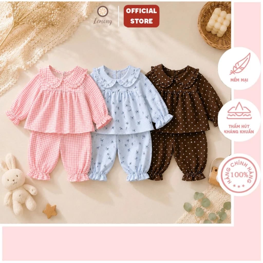 Bộ Pijama Bé Gái Thiết Kế Áo Cổ Bèo Dài Tay, Quần Dài Bo Bèo Xinh Xắn | Đồ Ngủ Cho Bé, Đồ Mặc Ở Nhà Size 9M - 4Y