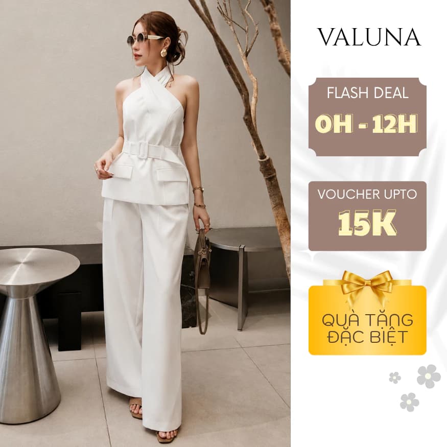 Bộ yếm ly cổ nữ phối quần ống suông cạp cao kèm đai tôn dáng thanh lịch sang trọng VALUNA STORE 2751