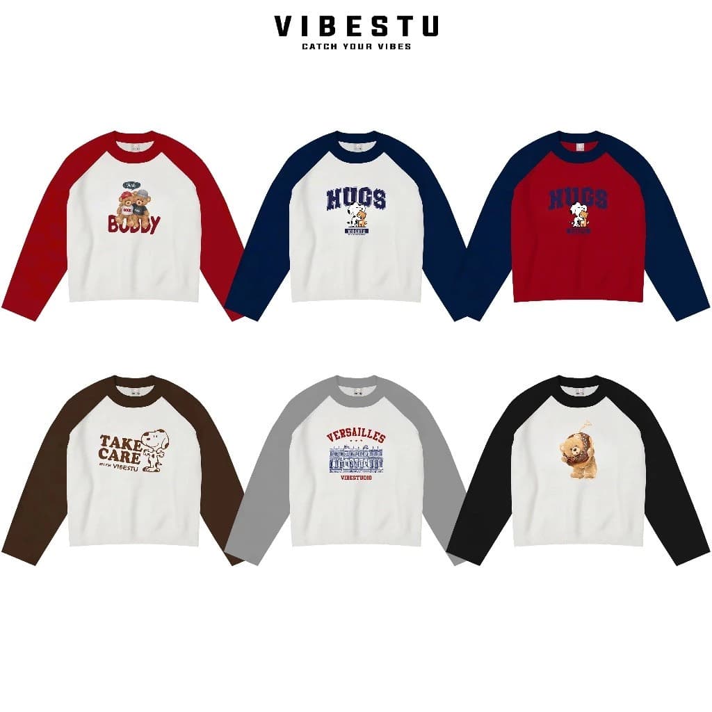Áo Thun Tay Dài Raglan Boxy VIBESTU '' BTS Gấu '' Form Boxy 250Gsm Cotton