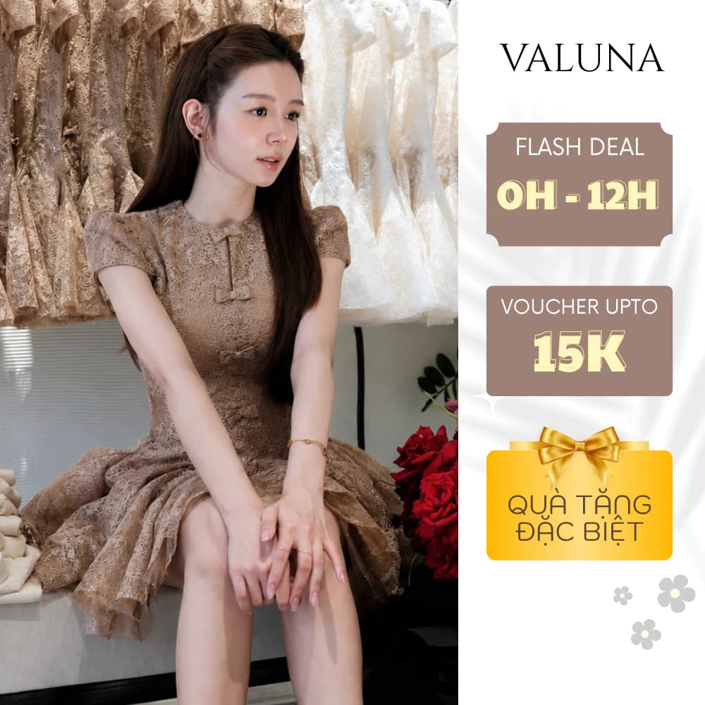 Váy ren 4 nơ nữ vai bồng dáng xòe tiểu thư thanh lịch dự tiệc sang trọng cao cấp VALUNA STORE 2756