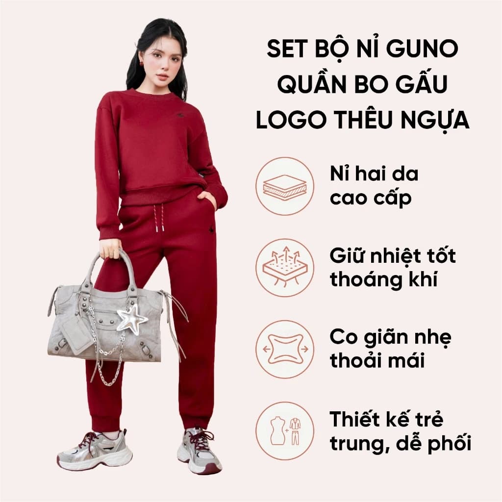 [HOT] Bộ Quần Áo Nỉ Nữ GUNO Cổ Tròn Thêu Ngựa Quần Bo Gấu Set Bộ Thu Đông Thời Trang SP5 26BG192