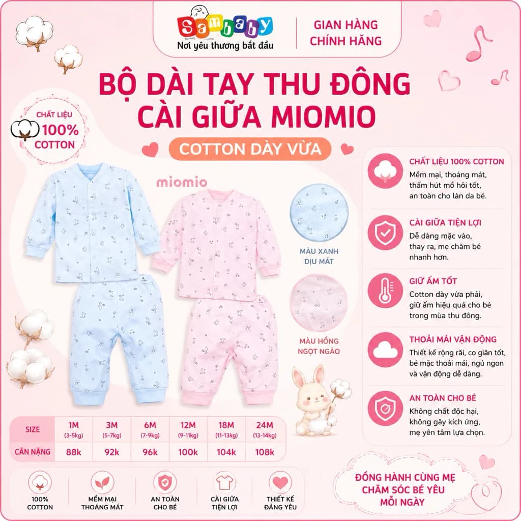 XẢ KHO Bộ Dài Tay Thu Đông Cài Giữa MioMio Cotton Dày Vừa