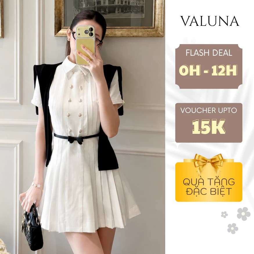 Váy tuyết mưa cổ sơ mi cúc đôi xếp ly dáng xòe tôn eo thanh lịch tiểu thư VALUNA STORE 2760