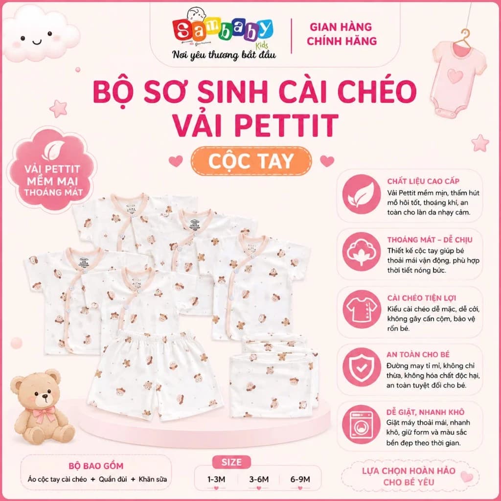 Bộ Cộc Tay Vải Petit Thun Lạnh Việt Thắng Kids Nền Kem Mềm Mại, Họa Tiết Dễ Thương Cho Bé Từ 3-9kg