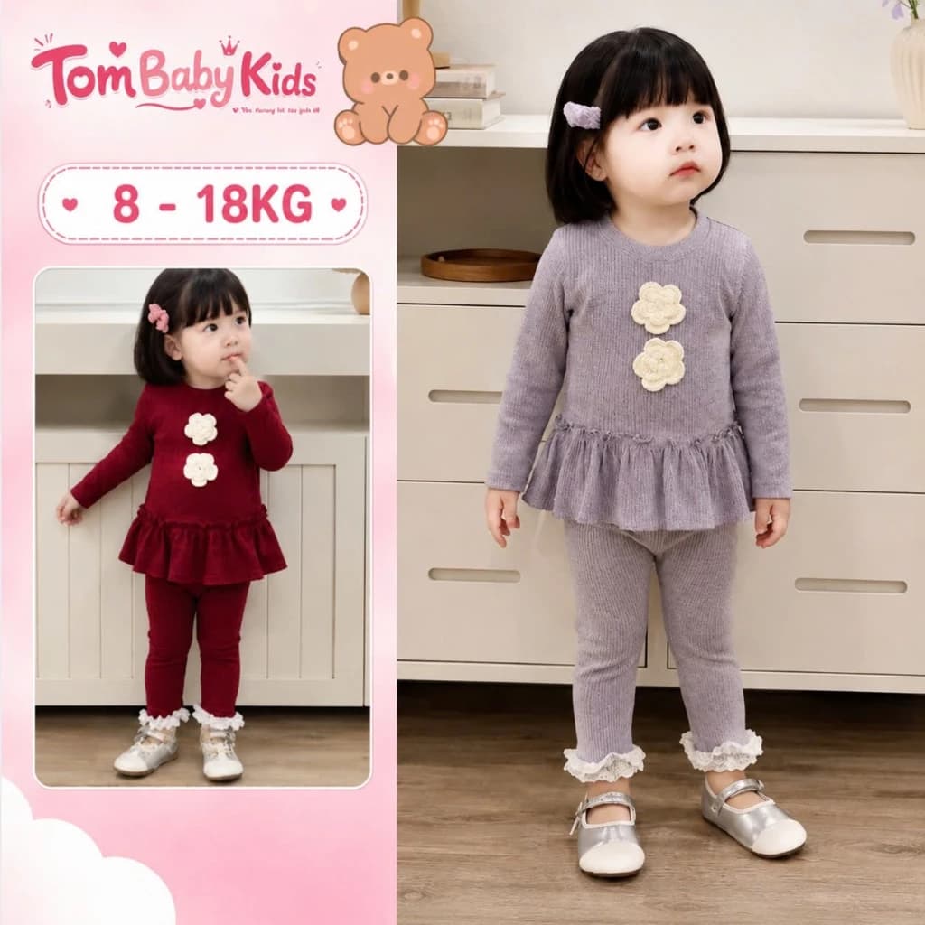 Set quần áo thu đông bé gái, bộ đồ bé gái dài tay chất nỉ nhung phối bèo dễ thương cho bé 8-18kg Tom Baby Kids