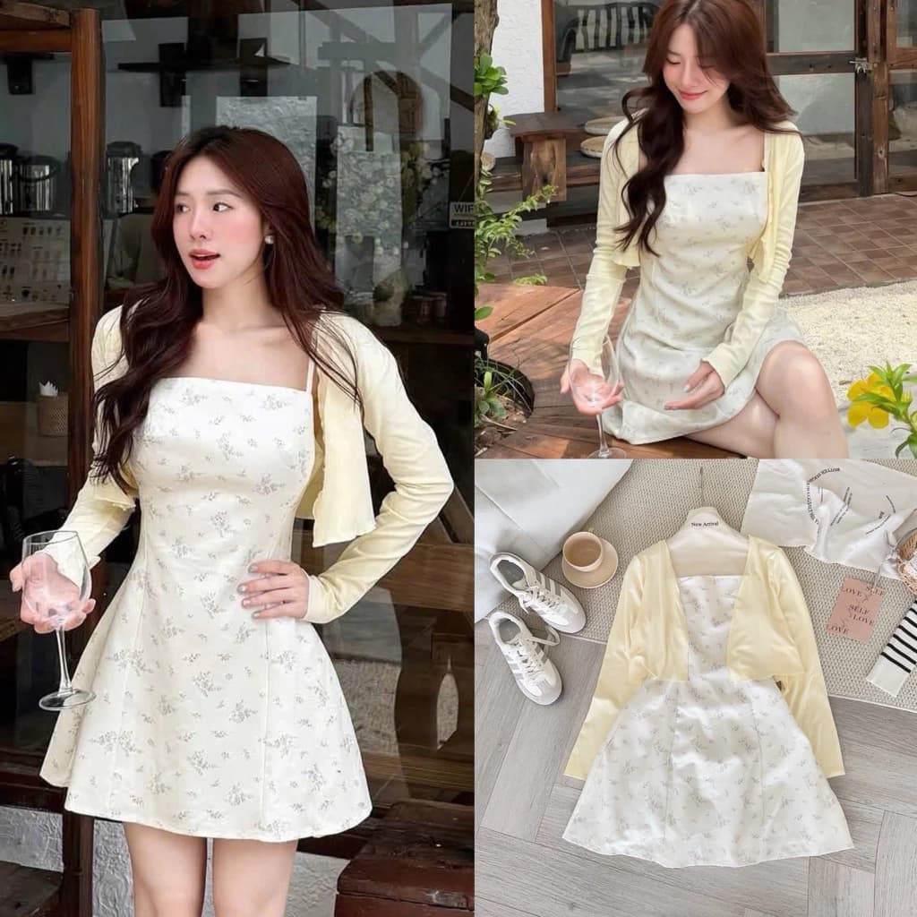 [Hàng Chuẩn QC] Set váy 2 dây hoa nhí be dịu nhẹ kèm áo cardigan vàng nhạt Hàn Quốc - A5913