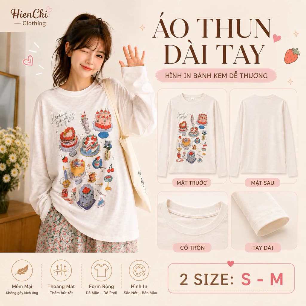 Áo Thun Dài Tay Nữ Form Rộng Thun Giấy Mỏng Hình In Bánh Kem Dễ Thương Style Hàn Quốc
