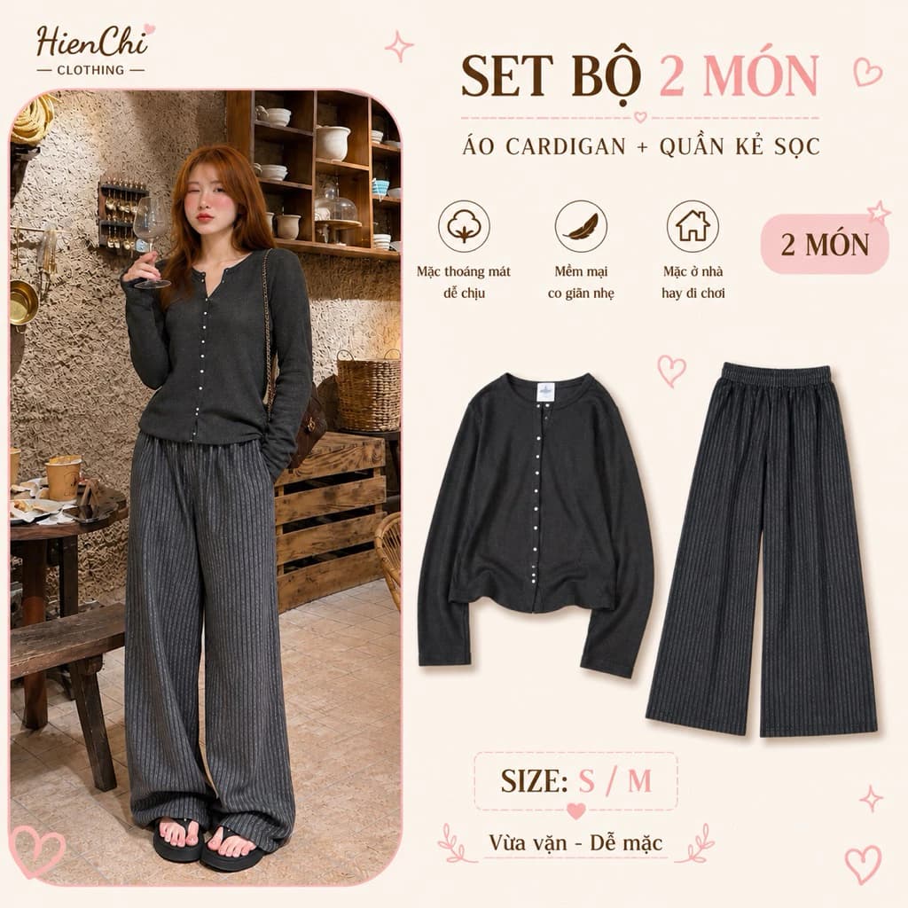 Set Đồ Nữ Cardigan Tay Dài Kèm Quần Ống Rộng Kẻ Sọc 2 Món Form Dễ Mặc Phong Cách Hàn Quốc