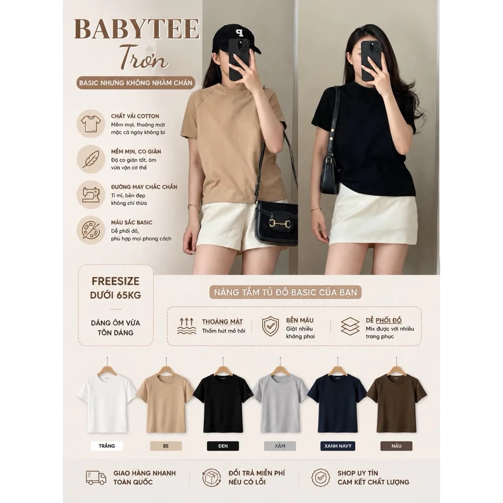 Áo thun baby tee trơn 4 màu tay raplang. Áo phông form baby tee cotton khô