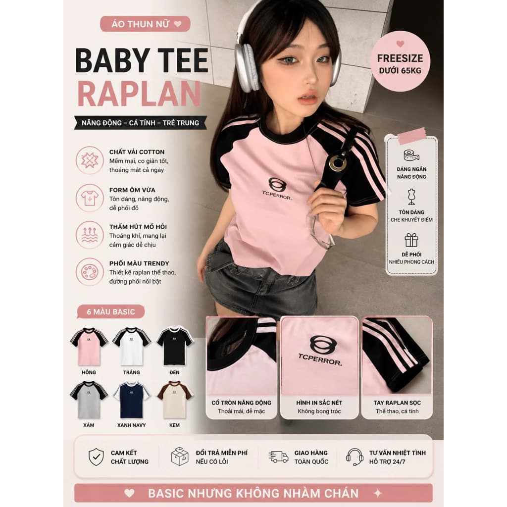 ÁO THUN BABY TEE RAGLAN ÁO HỒNG TAY ĐEN THỂ THAO DỄ PHỐI ĐỒ