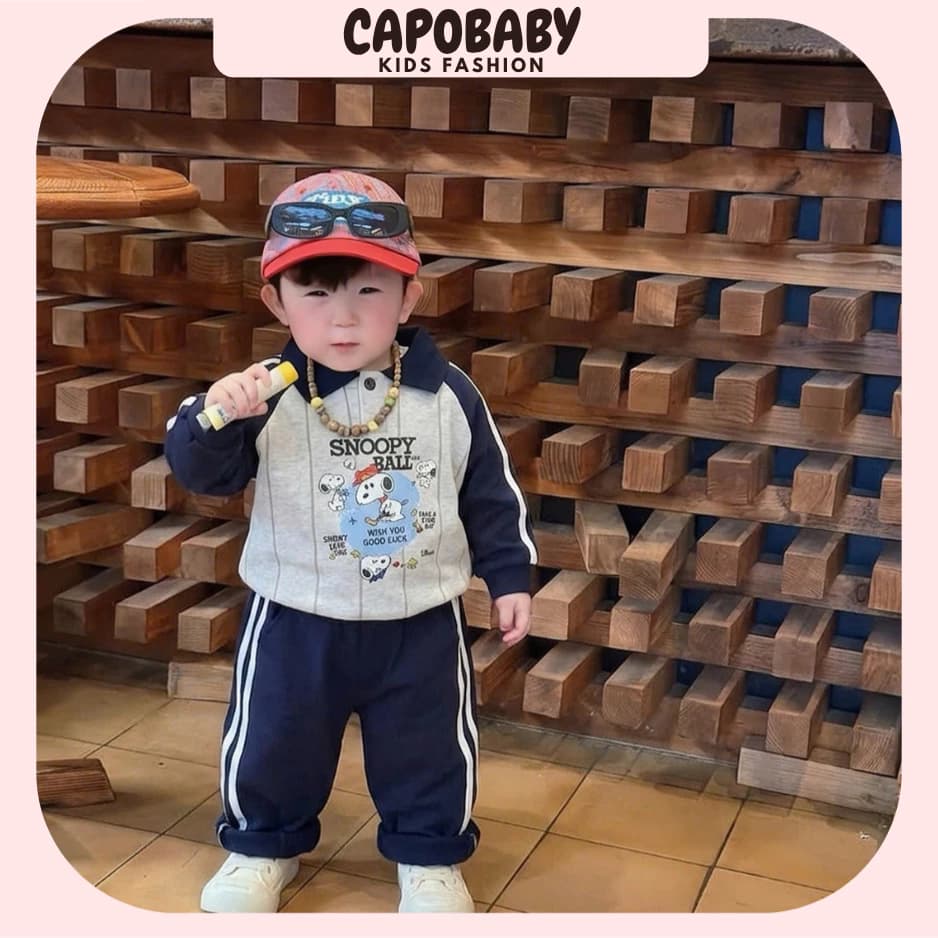 Bộ nỉ bé trai Snoopy thu đông cao cấp, áo cổ bẻ phối tay sọc, quần jogger thể thao năng động[TD00]