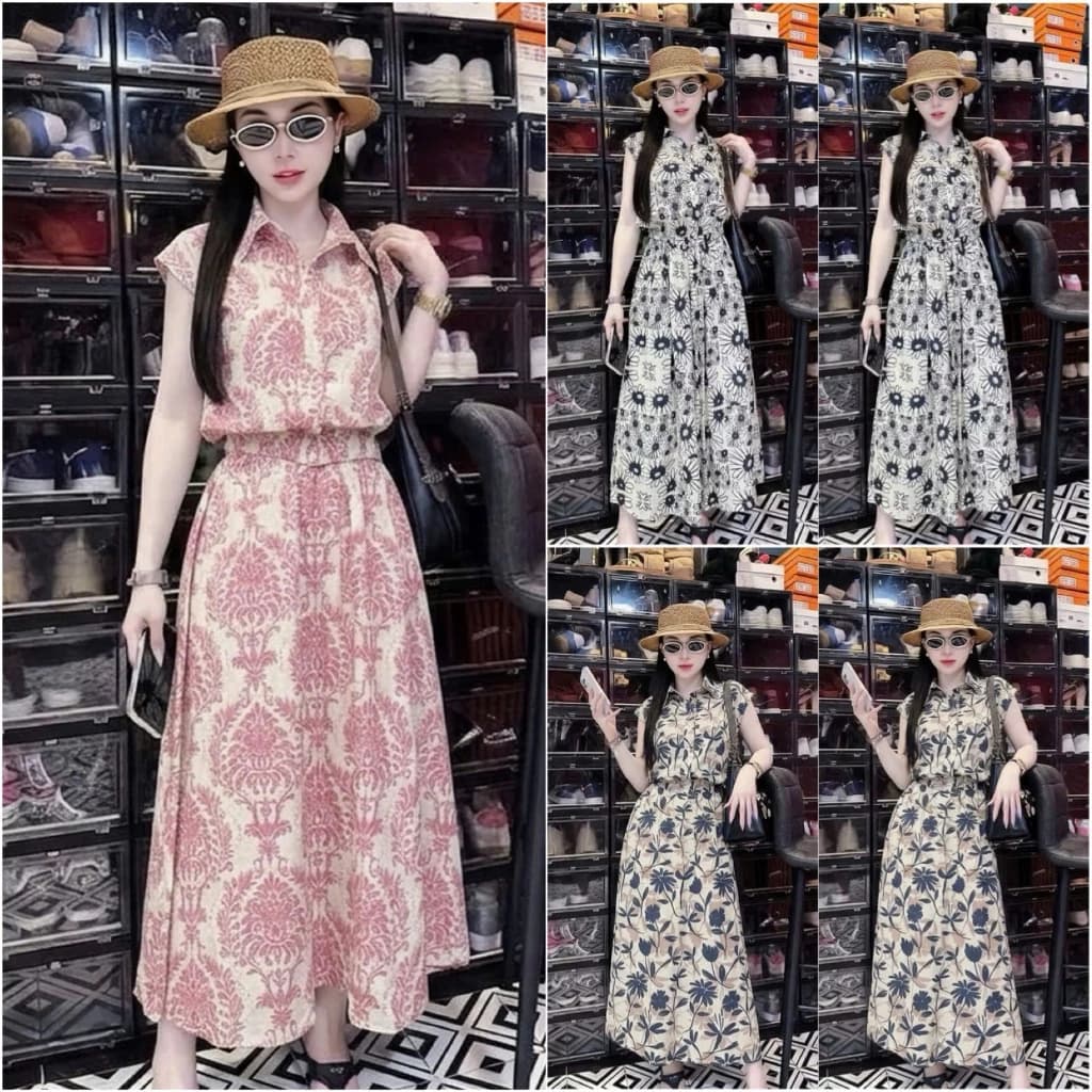 2026.Sét áo sơmi+ chân váy xoè in hoa. Đủ size SMLXL mát, mềm [IN HOA- CV XOÈ]