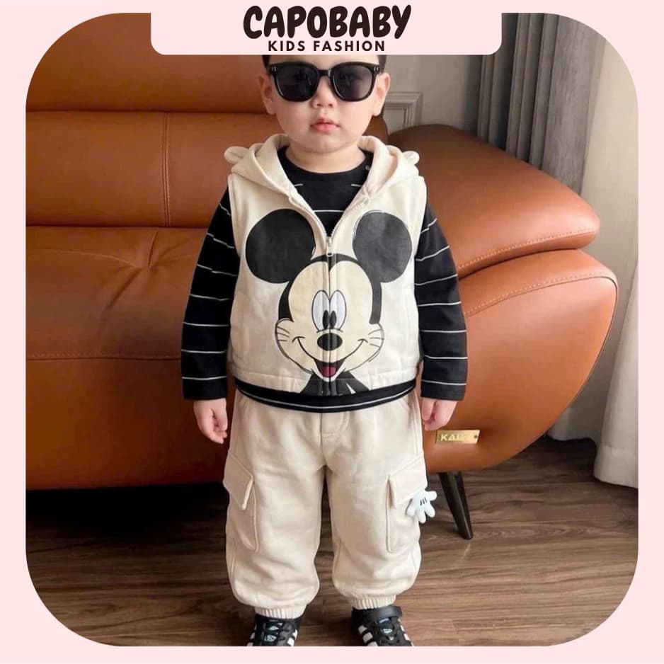 Set Đồ Thu Đông Cho Bé Trai Áo Ghi Lê Nón In Hình Mickey Kèm Áo Dài Tay Và Quần Túi Hộp Phong Cách[TD321]
