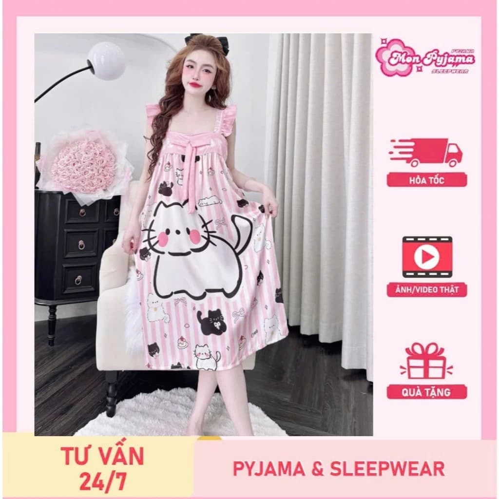 Đầm ngủ lụa cánh tiên,váy ngủ lụa latin lạnh cao cấp mềm mịn mát, đồ ngủ lụa họa tiết dễ thương [87]