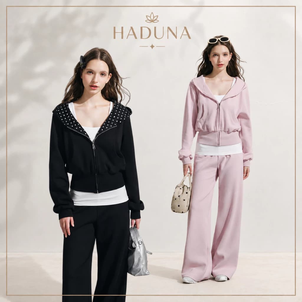 Set Nữ 2 Món Áo Hoodie Zip Có Mũ Phối Chấm Bi + Quần Ống Rộng SB046