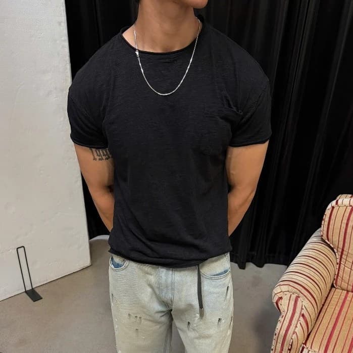Áo Thun Nam B Brown Vải Cotton Xược Form Crop Thiết Kế Túi Ngực Viền Unfinished – Slub Cotton Cropped T-Shirts ATSC01