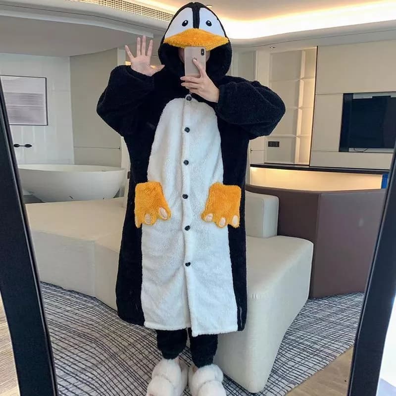 Bộ Ngủ Lông Chim Cánh Cụt Dễ Thương Unisex – Đồ ngủ đôi Pyjama Nam Nữ Mặc Mùa Đông Giữ Ấm Siêu Mềm Mại Ấm Áp