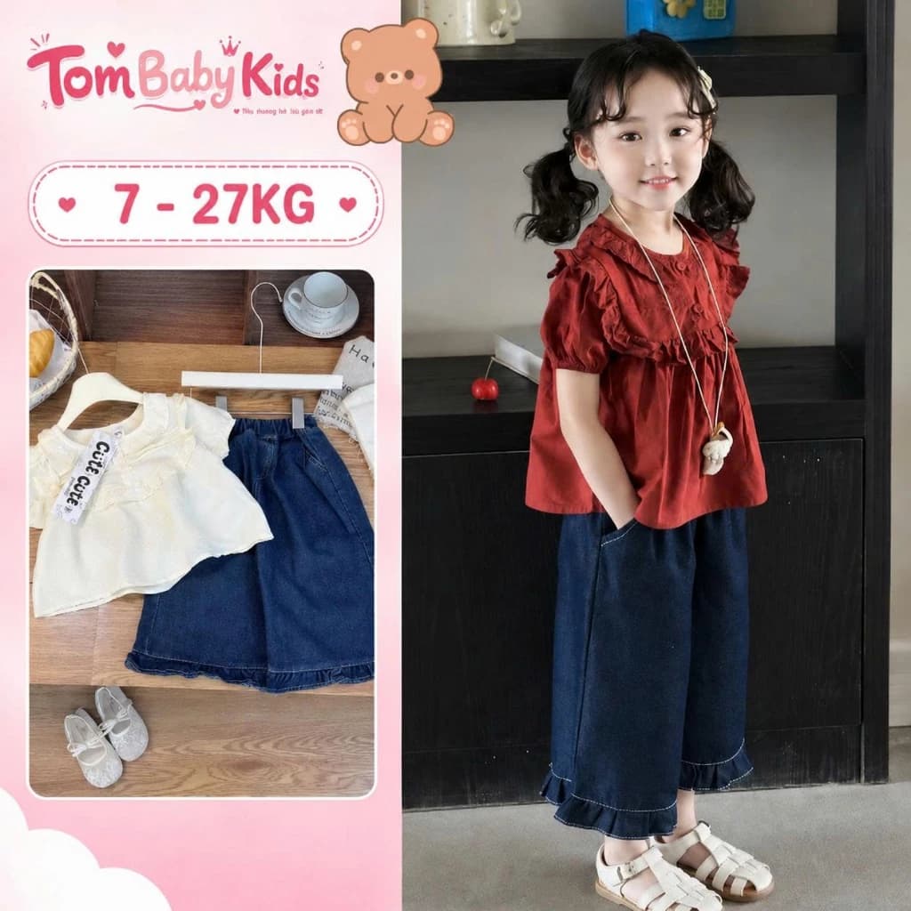 Set đồ bé gái, bộ đồ bé gái đi học quần jean xanh kèm áo tầng bèo nhún xinh xắn cho bé 7-27kg Tom Baby Kids