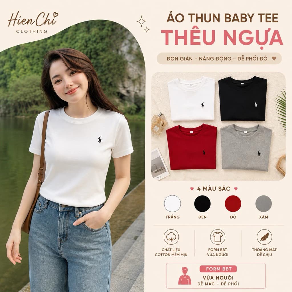 Áo thun babytee nữ thêu hình ngựa, áo phông baby tee cổ tròn tay ngắn chất cotton zip nhiều màu