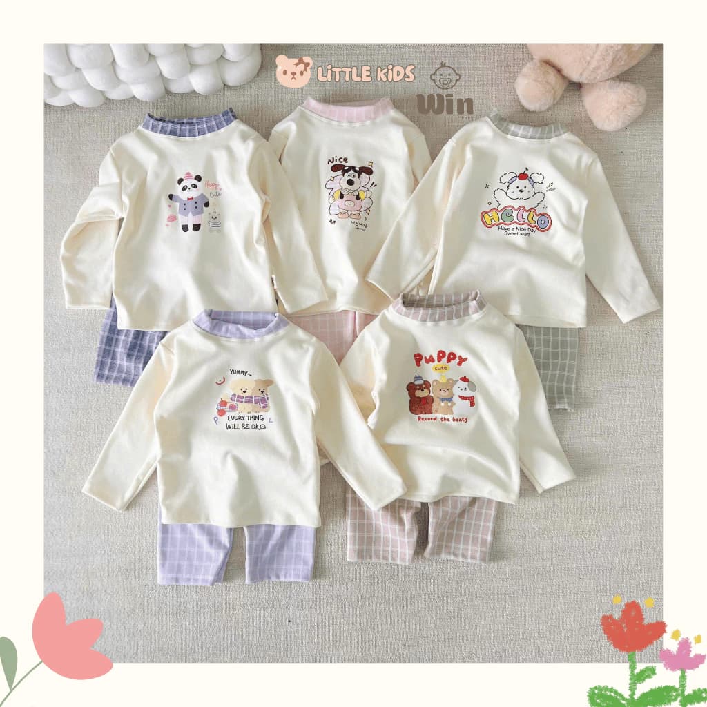 Bộ Nỉ Dài Tay Cao Cổ, Chất Nỉ Kẻ Mềm Mại Cho Bé Trai Bé Gái Mặc Thu Đông Từ 6 -> 15 Kg