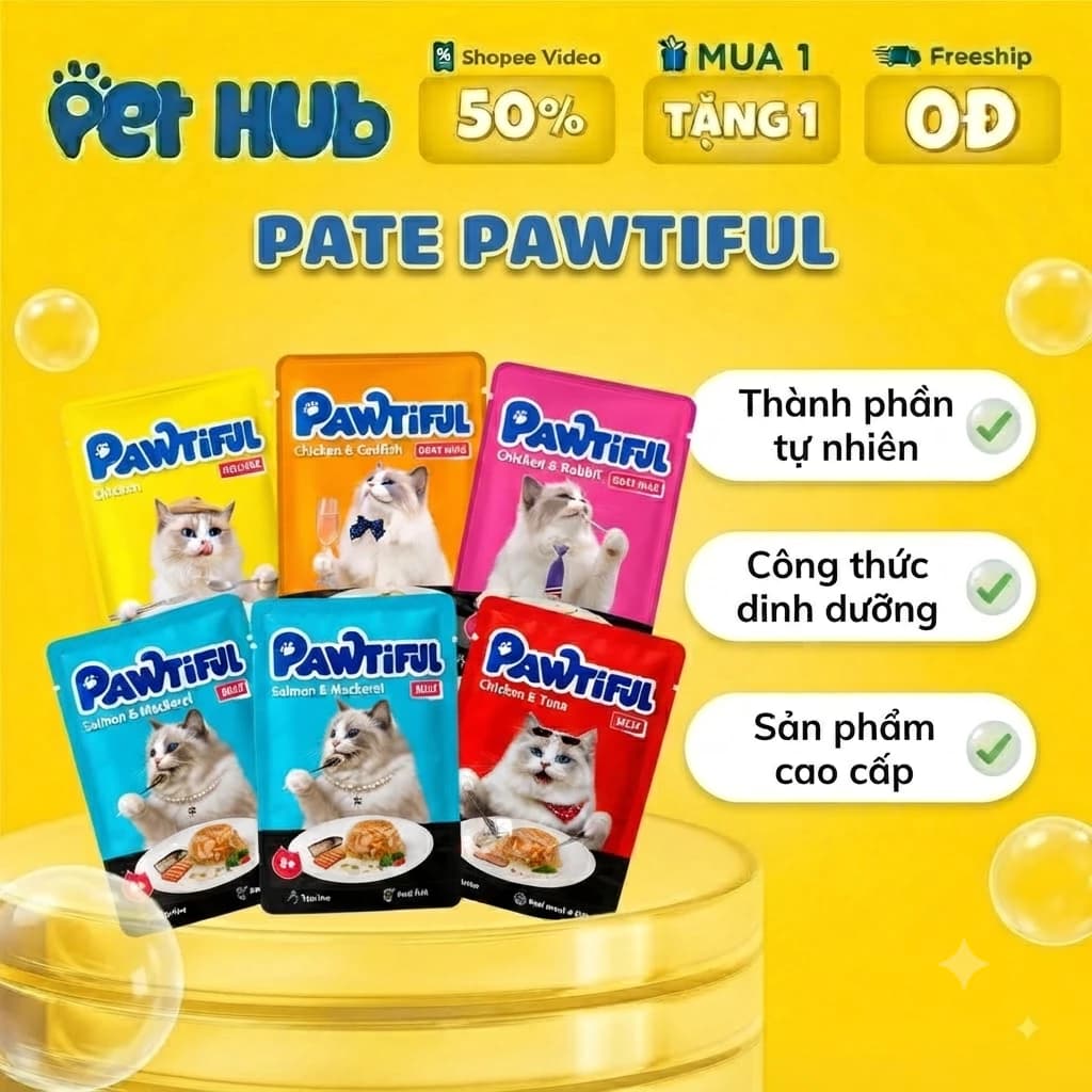 Pate PAWTIFUL Dạng Gói, Pate Dạng Mousse , Jelly Thạch Dành Cho Mèo - Gói 70G