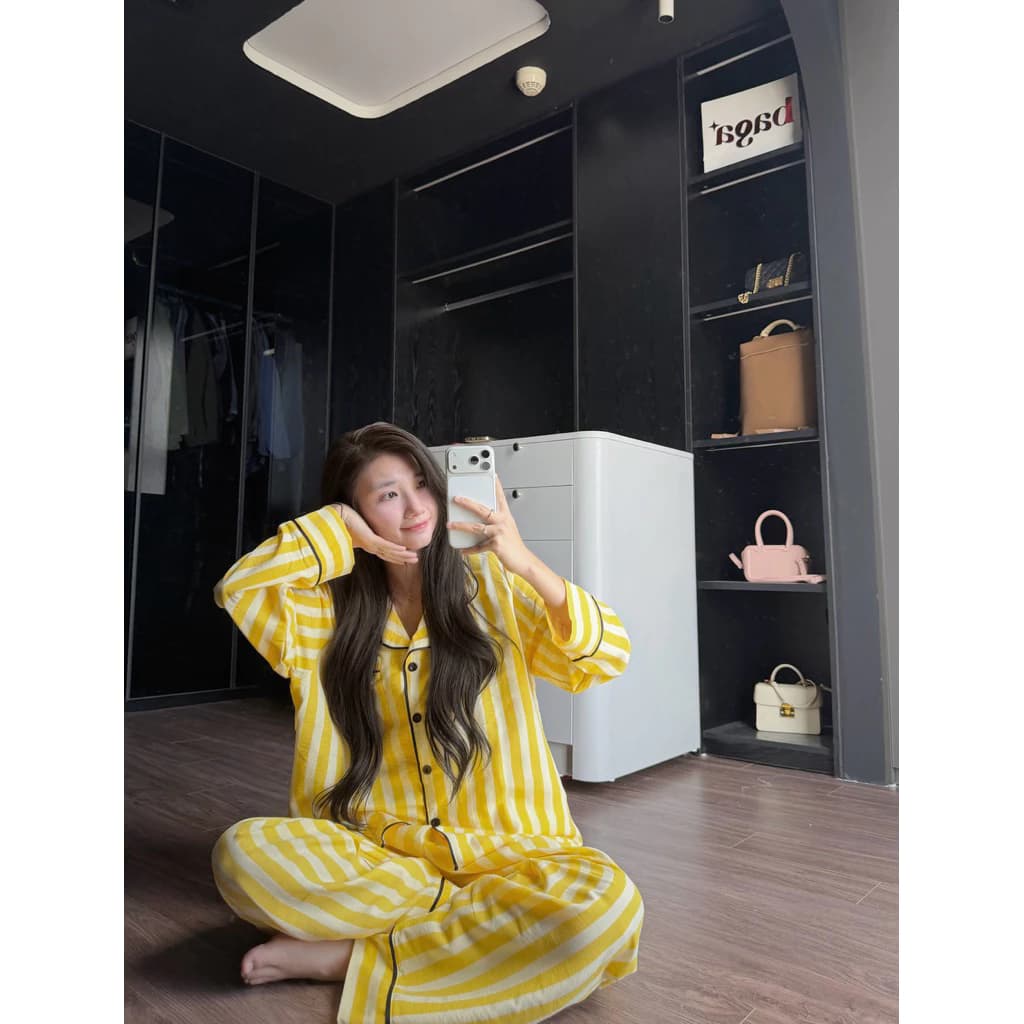 Bộ đồ ngủ pijama dài tay thu KẺ CẦU VỒNG DÀI TAY túi to CHUNCHUN
