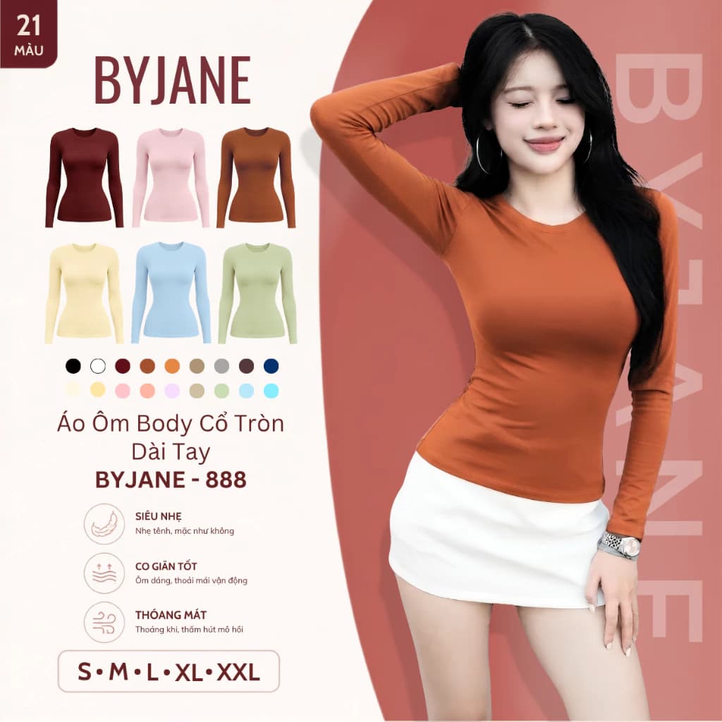 [ MÀU PASTEL ] Áo Thun Nữ Dài Tay Ôm Body Cổ Tròn Basic Co Giãn 4 Chiều Mềm Mịn BYJANE - 888