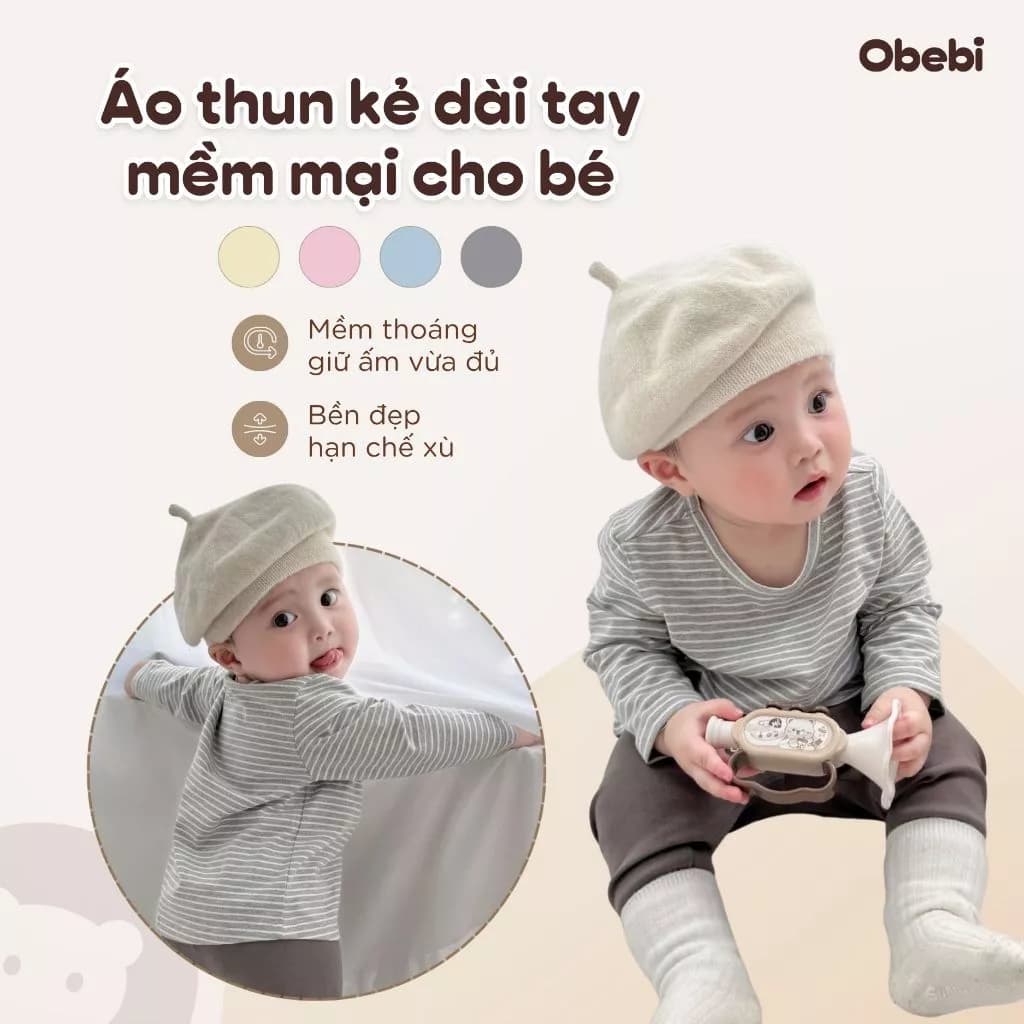 Áo Thun Dài Tay Vải Kẻ Trẻ Em Gắn Tag In Khủng Long Màu Thu Đông Cho Bé Trai Bé Gái Obebi A580