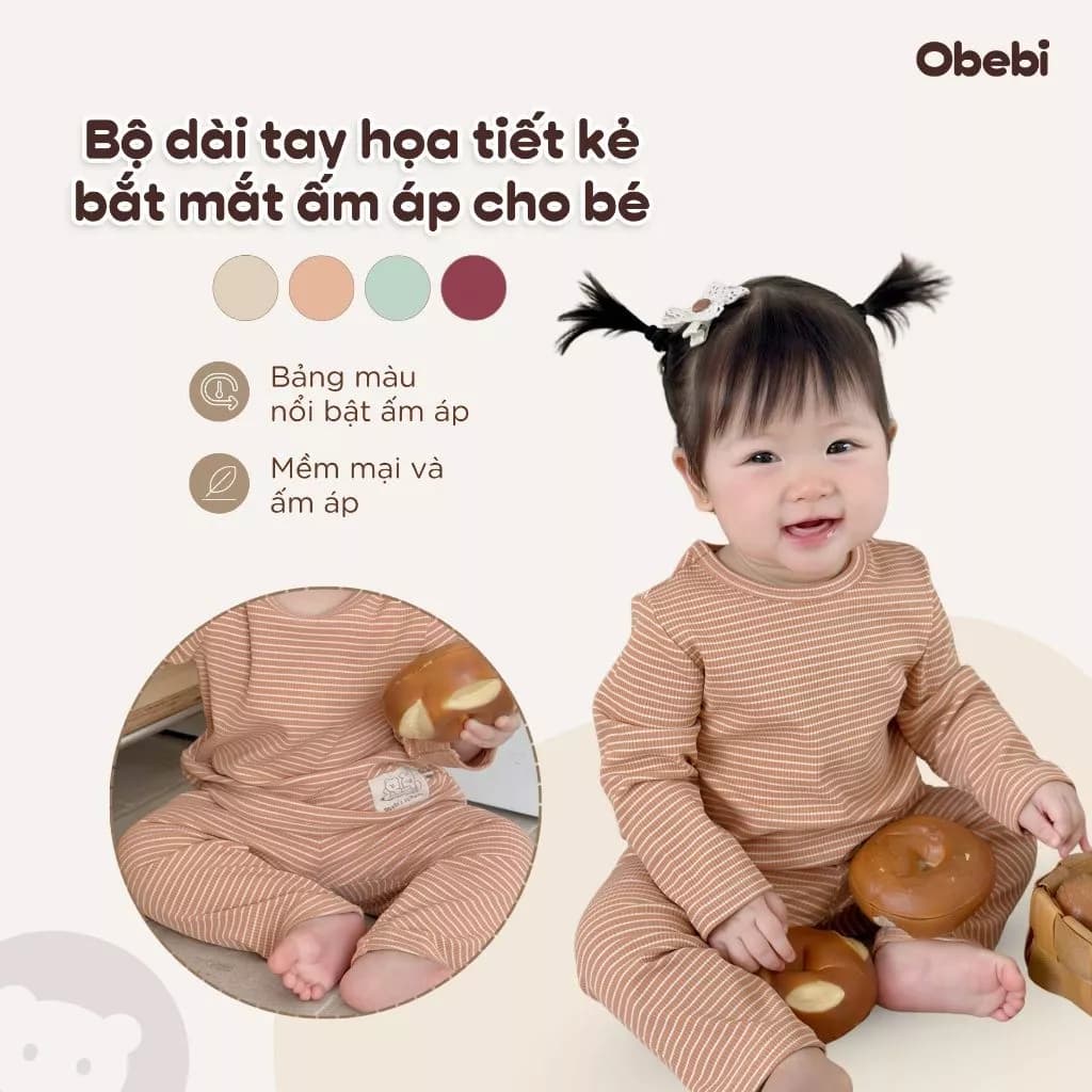 Bộ Dài Tay Vải Kẻ Gân Thu Đông Co Giãn Có Mác In Gấu Áo Cho Bé Trai Bé Gái 6-22kg Obebi BMN261
