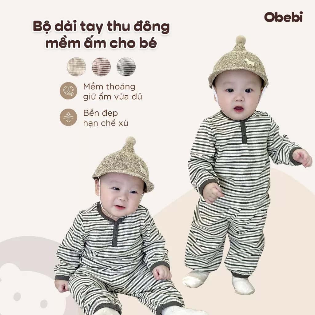 Bộ Mặc Nhà Thu Đông Obebi, Bỗ Dài Tay  Họa Tiết Kẻ Ngang Mềm Mịn Cho Bé Trai Bé Gái BMN266