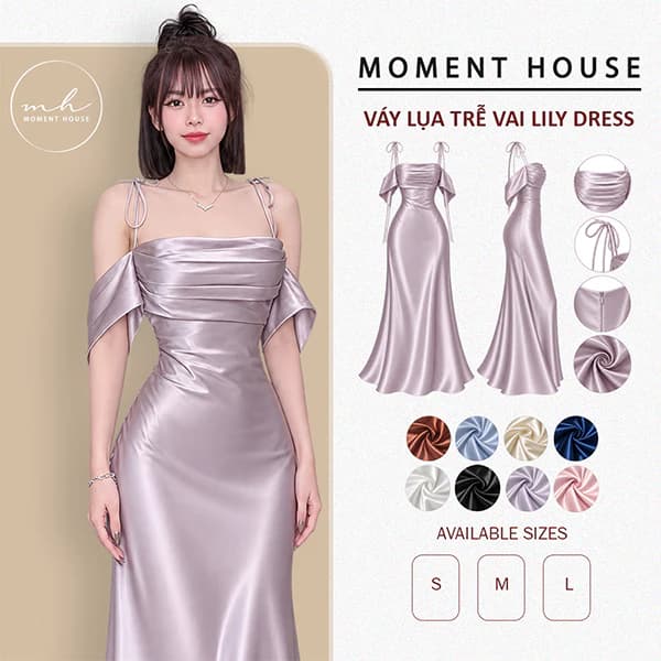 ĐẦM LỤA CỘT DÂY + TRỄ VAI , size SML lụa hàn châu cao cấp ( LILY DRESS )
