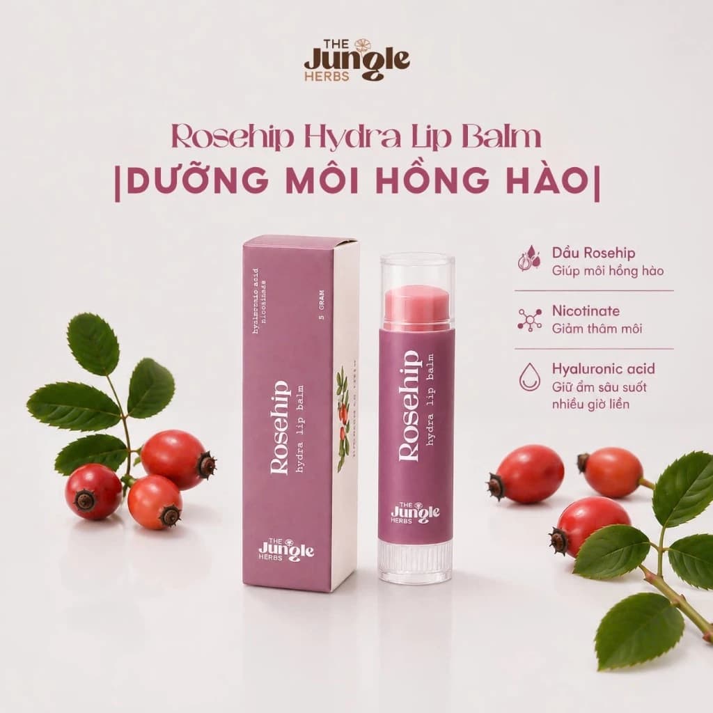 Son dưỡng giảm thâm môi, hồng môi, ẩm mượt nhẹ môi Rosehip Hydra [Phiên bản mới] - THE JUNGLE HERBS